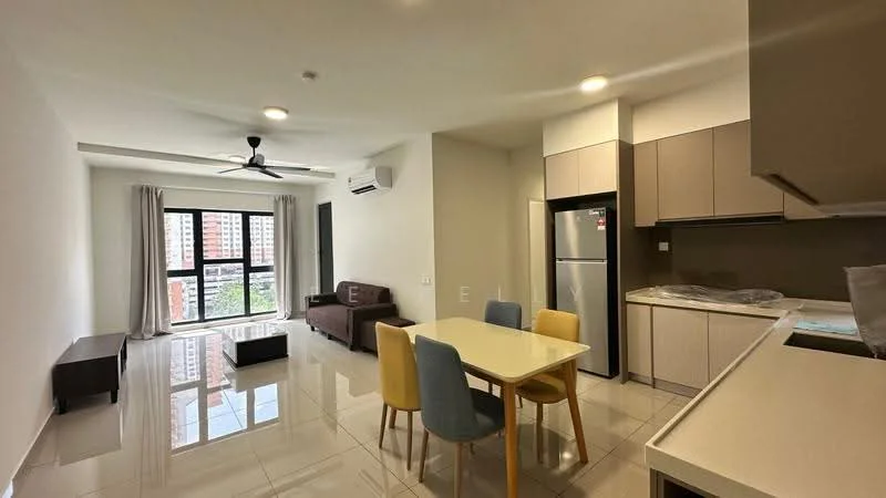 Living features: 3-seater fabric sofa in brown, coffee table, floor-to-ceiling windows, white painted walls, polished tile flooring, 5-blade ceiling fan with light, wall-mounted split AC, TV console, area rug, view of city skyline; style: modern; view: city. Dining features: 4-seater dining table, yellow dining chairs, white tabletop, open layout, near kitchen area; style: modern. Kitchen features: stainless-steel fridge, built-in kitchen cabinets, countertop with sink, ceramic tile backsplash, stove, oven, white cabinetry; style: modern.