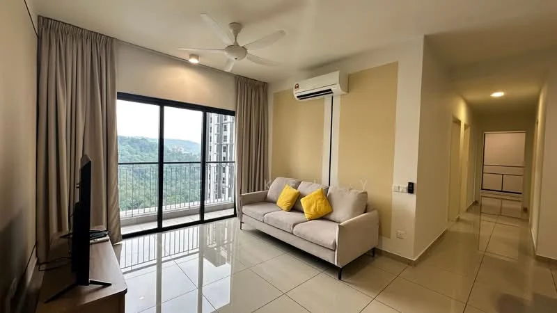 Living features: 3-seater fabric sofa in light grey, 2 yellow decorative cushions, floor-to-ceiling windows, sliding glass door, curtains, wall-mounted TV, TV console, recessed downlights, ceiling fan, wall-mounted split AC, glossy tile flooring, neutral painted walls, view of greenery; style: modern; view: garden. Room features: hallway leading to other rooms, light fixtures in hallway.
