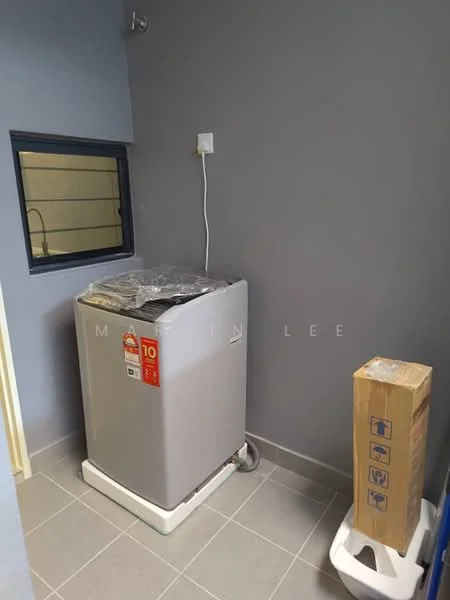 Laundry features: top-load washing machine in grey, grey painted walls, tile flooring, window with black frame, power outlet on wall, plastic laundry basket, cardboard box.