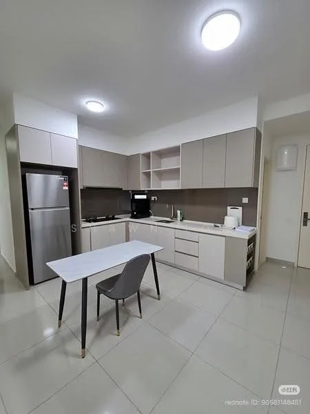Kitchen features: light grey cabinetry, white countertop, stainless-steel fridge, built-in oven, 4-burner gas hob, black backsplash, single-bowl stainless-steel sink, chrome pull-down faucet, white walls, recessed ceiling lights, dining table with white top, grey chair, ceramic tile flooring; style: modern.