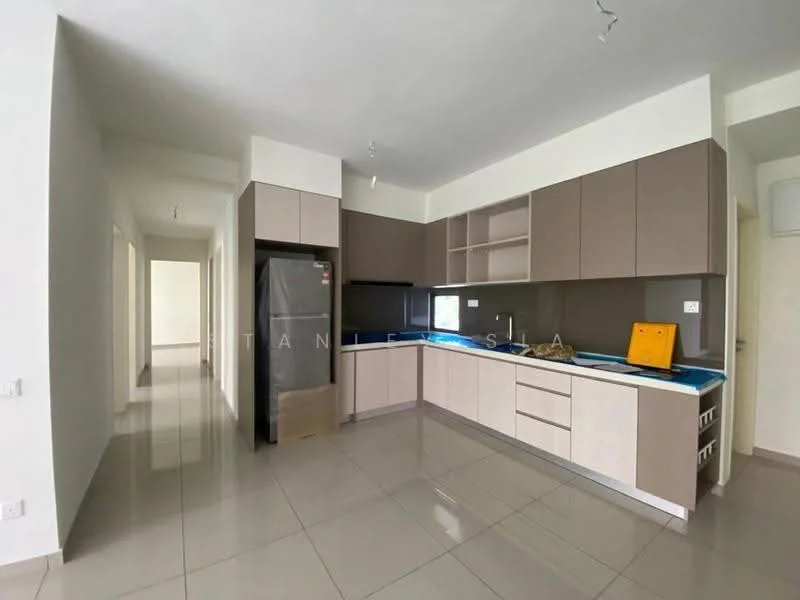 Kitchen features: L-shaped kitchen layout, light brown cabinetry, white countertop, stainless-steel fridge, built-in oven, ceramic tile flooring, grey backsplash, single-bowl stainless-steel sink, chrome pull-down faucet, open shelving, wall-mounted cabinets, recessed downlights; style: modern.