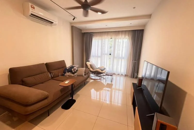 Living features: L-shape sectional sofa in brown, coffee table, wall-mounted TV, TV console, floor-to-ceiling windows, sheer curtains, recessed downlights, wall-mounted split AC, polished tile flooring, area rug, ceiling fan; style: modern.