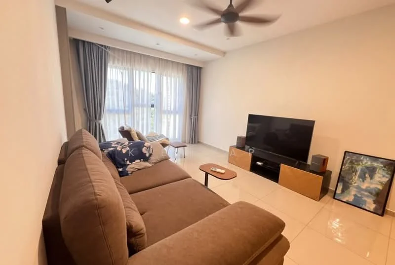 Living features: L-shape sectional sofa in brown, coffee table, wall-mounted TV, TV console in wood, framed artwork, floor-to-ceiling windows, sheer curtains, recessed downlights, cream painted walls, glossy tile flooring, ceiling fan; style: modern.