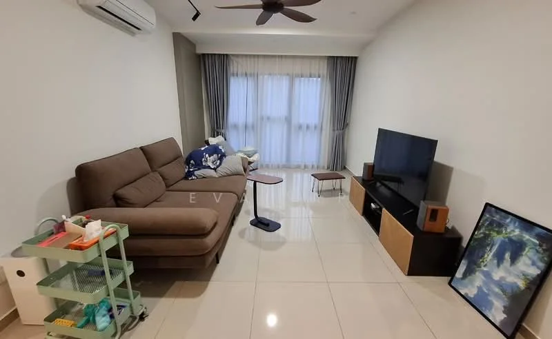 Living features: 3-seater fabric sofa in brown, floor-to-ceiling windows with sheer curtains, wall-mounted TV, TV console in wood and black finish, coffee table, ceiling fan with light, polished ceramic tile flooring, decorative artwork on the floor, side table, air conditioning unit on the wall; style: modern.