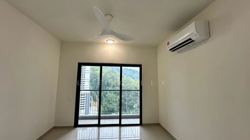 Room features: white painted walls, floor-to-ceiling windows, sliding glass door, 5-blade ceiling fan, recessed downlights, light-colored tile flooring, wall-mounted split AC, view of greenery; style: modern; view: garden.