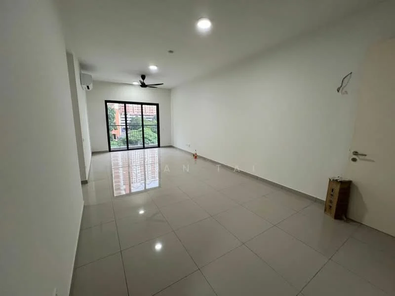 Living features: white painted walls, glossy ceramic tile flooring, 5-blade ceiling fan with light, floor-to-ceiling windows, sliding glass door, natural light from windows, air conditioning unit, neutral color scheme; style: modern; view: garden.