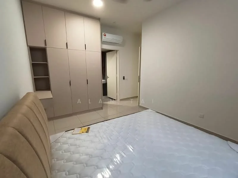 Bedroom features: queen-size bed, upholstered headboard, built-in wardrobe with sliding doors, light-colored cabinetry, wall-mounted air conditioning unit, neutral painted walls, tile flooring, door leading to bathroom, window with no visible treatment; style: modern.
