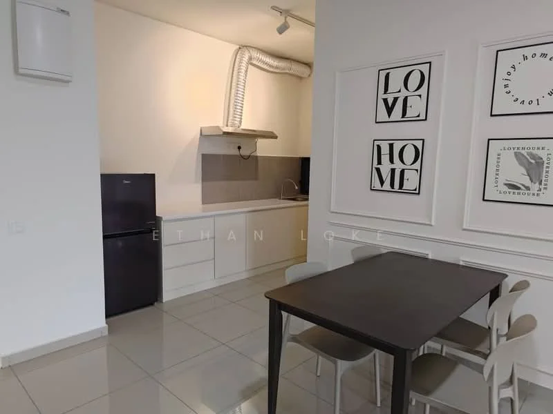 Kitchen features: white cabinetry, black fridge, stainless-steel range hood, grey backsplash, ceramic tile flooring, recessed lighting, countertop with integrated sink, open shelving, dining table with four chairs; style: modern.