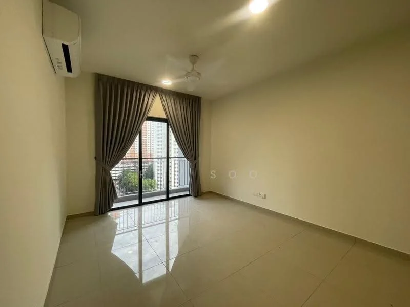 Room features: light beige painted walls, glossy beige tile flooring, 5-blade ceiling fan with light, floor-to-ceiling sliding glass door, sheer curtains, balcony access, wall-mounted split AC; style: modern; view: city.