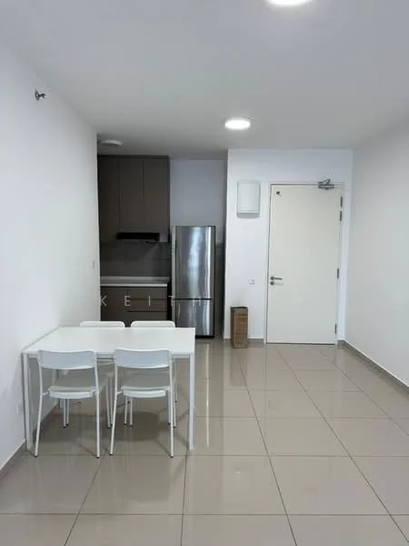 Dining features: white dining table, 3 white dining chairs, grey tile flooring, white painted walls, refrigerator, built-in kitchen cabinetry, stainless-steel appliances, ceiling light fixture; style: modern.