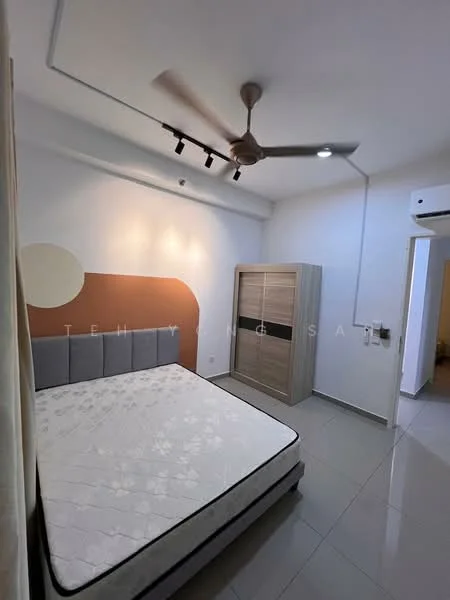 Bedroom features: queen-size bed, upholstered headboard, ceiling fan with light, recessed downlights, grey accent wall, white painted walls, sliding mirror wardrobe, tile flooring, air conditioning unit; style: modern.