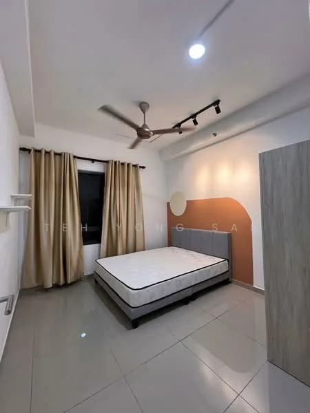 Bedroom features: grey upholstered bed frame, queen-size bed, cream wall with orange accent wall, white painted walls, floor-to-ceiling window, sheer curtains, ceiling fan with light, recessed LED downlights, tile flooring, built-in wardrobe; style: modern.