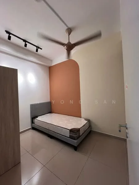 Bedroom features: single bed, grey upholstered bed frame, cream painted walls, orange accent wall, ceiling fan, recessed lighting, tile flooring, built-in wardrobe; style: modern.