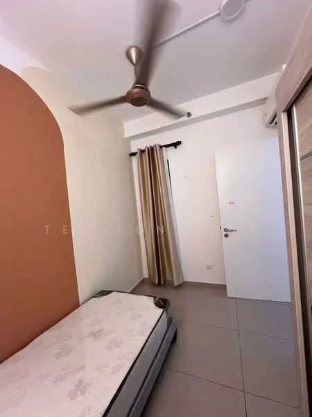 Bedroom features: single bed frame, mattress, 5-blade ceiling fan, cream painted walls, orange accent wall, tile flooring, curtains, white door, air conditioning unit; style: modern.