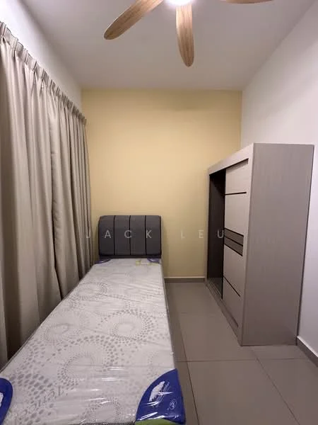 Bedroom features: single bed with mattress, wooden headboard, built-in wardrobe with drawers, light-colored walls, cream curtains, ceiling fan, tile flooring, neutral color scheme; style: modern.