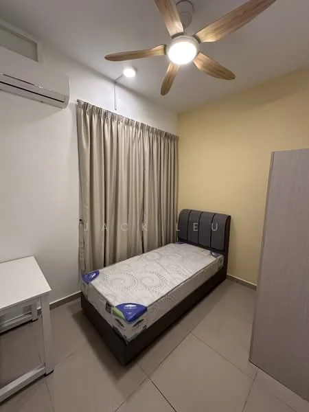 Bedroom features: single bed, upholstered headboard, ceiling fan with light, wall-mounted split AC, curtains, light yellow painted walls, cream tiled flooring, study desk, built-in wardrobe; style: modern.