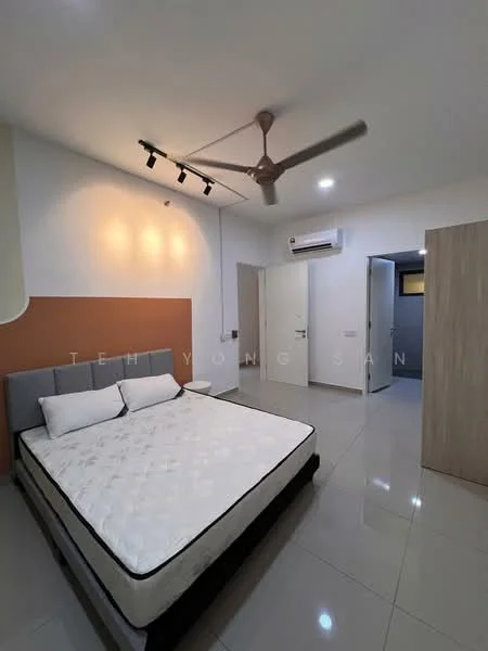 Bedroom features: queen-size bed with mattress, grey upholstered headboard, 2 bedside pillows, 1 ceiling fan with light, 1 wall-mounted split AC unit, white painted walls, orange accent wall, glossy tile flooring, built-in wardrobe with sliding doors, recessed lighting, window with natural light; style: modern.