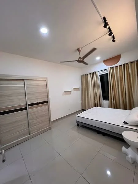 Bedroom features: queen-size bed, wooden wardrobe with sliding doors, floor-to-ceiling windows, curtains, ceiling fan with light, recessed downlights, grey tiled flooring, white painted walls; style: modern.