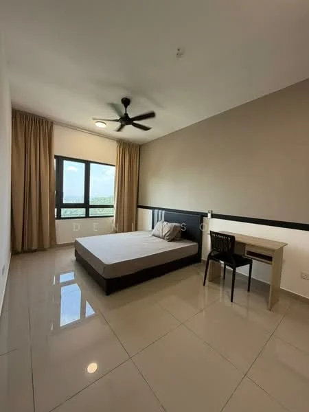 Bedroom features: queen-size bed, black headboard, study desk, black chair, ceiling fan, floor-to-ceiling window, curtains, tile flooring, neutral wall color, mountain view; style: modern; view: mountain.