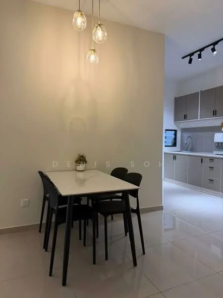 Dining features: white dining table, 4 black dining chairs, pendant lighting with three bulbs, cream painted walls, glossy tile flooring, open layout to kitchen, wall-mounted TV, recessed ceiling lights; style: modern. Kitchen features: grey cabinetry, stainless-steel sink, built-in oven, cooktop, white backsplash, counter space, microwave, refrigerator; style: modern.