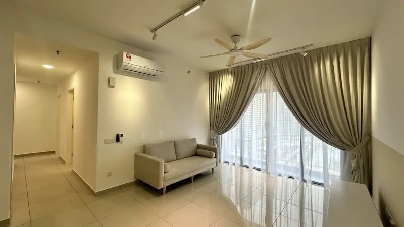 Living features: cream painted walls, glossy tile flooring, 5-blade ceiling fan with light, floor-to-ceiling windows, sheer curtains, sofa in light beige, wall-mounted split AC, recessed downlights, decorative wall panel, area rug; style: modern; view: city.
