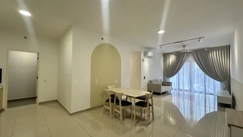 Living features: white painted walls, glossy tile flooring, recessed downlights, 5-blade ceiling fan, floor-to-ceiling windows, sheer curtains, sofa in light color, dining table with four chairs, air conditioning unit; style: modern; view: city. Room features: white painted walls, glossy tile flooring, doorway leading to another room.