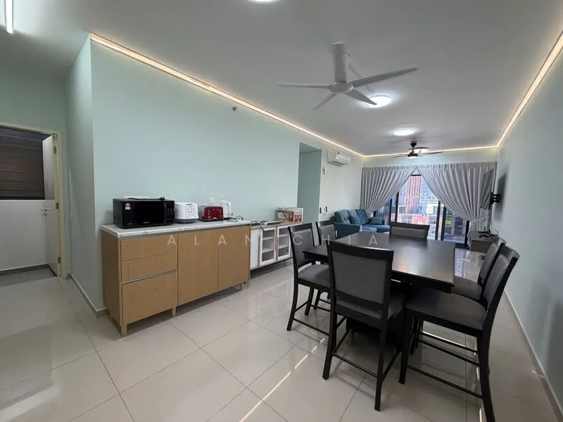 Living features: light green painted walls, white ceiling with recessed lighting, 5-blade ceiling fan with light, large window with sheer curtains, dining table with 6 chairs, kitchenette with wooden cabinetry, white countertop, microwave, toaster, fridge, open-plan layout, tile flooring; style: modern; view: city.