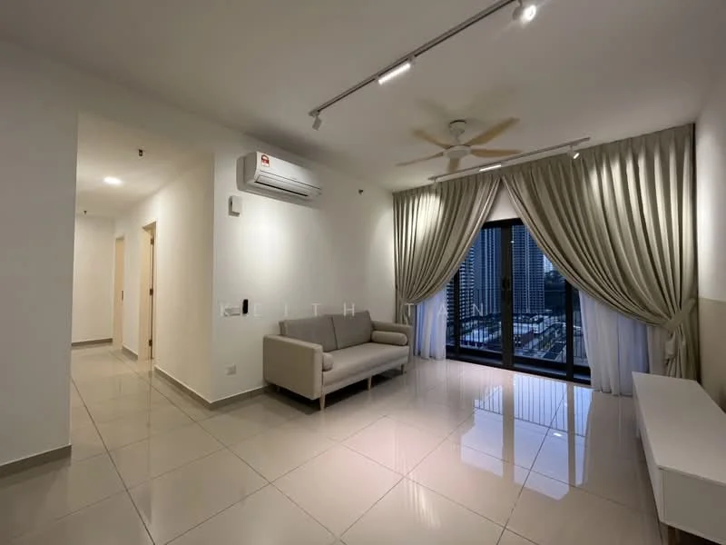 Living features: 3-seater fabric sofa in light grey, floor-to-ceiling windows, sheer curtains, blackout curtains, 5-blade ceiling fan with light, wall-mounted split AC, glossy ceramic tile flooring, recessed downlights, decorative wall panel, TV console, area rug; style: modern; view: city.