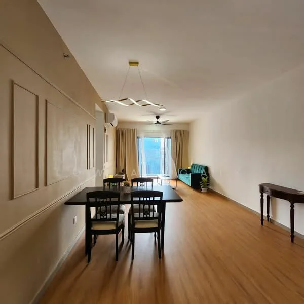 Dining features: dining table with 4 chairs, wooden flooring, cream painted walls, 5-blade ceiling fan with light, large sliding glass door, curtains, decorative wall paneling, green sofa, side table, natural light from window; style: modern; view: city.