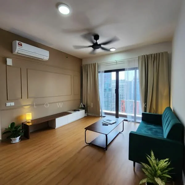 Living features: light wood laminate flooring, cream painted walls, wall-mounted split AC, 5-blade ceiling fan with light, floor-to-ceiling windows, sheer curtains, green fabric sofa, coffee table, TV console, decorative houseplants; style: modern; view: city.