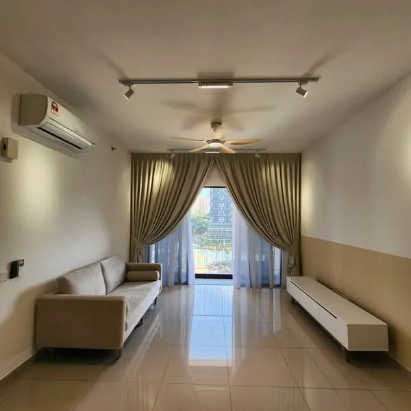 Living features: 3-seater fabric sofa in beige, floor-to-ceiling windows, sheer curtains, drapes, ceiling fan with light, recessed LED downlights, wall-mounted split AC, glossy tile flooring, feature wall with two-tone paint, TV console, decorative wall, natural light from window; style: modern; view: city.