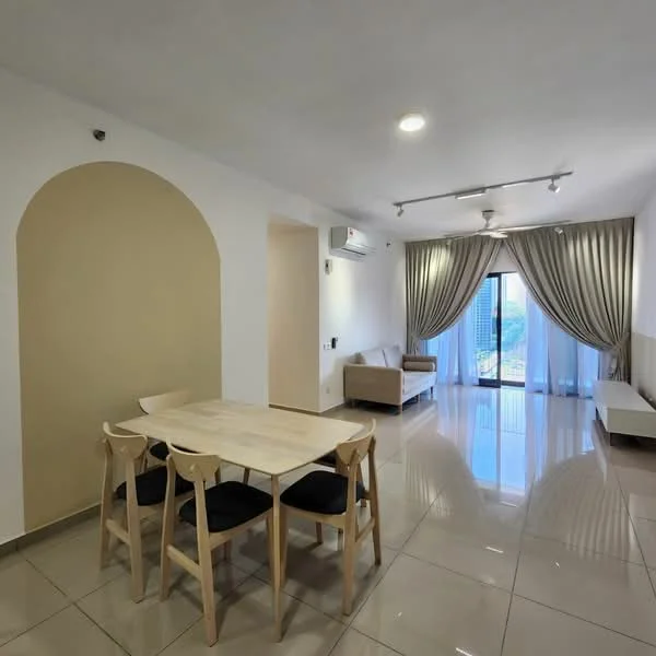 Living features: cream painted walls, white ceiling, recessed downlights, floor-to-ceiling windows, sliding glass door, curtains, wall-mounted split AC, glossy tile flooring, sofa, coffee table, dining table with four chairs, TV console; style: modern; view: city.