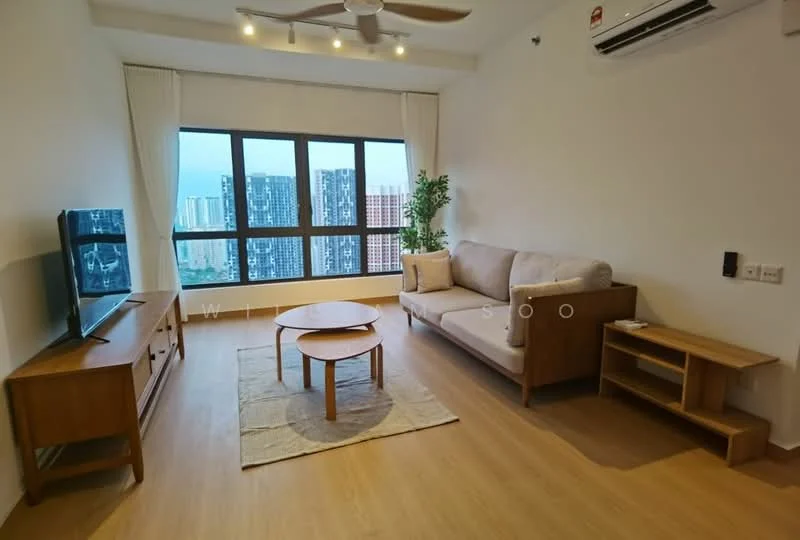 Living features: 3-seater fabric sofa in light beige, wooden coffee table, area rug with neutral color, TV console in wood, wall-mounted TV, floor-to-ceiling windows, curtains, ceiling fan with light, wooden side table, air conditioning unit; style: modern; view: city.