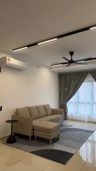 Living features: 3-seater fabric sofa in beige, black side table, area rug with geometric pattern, floor-to-ceiling windows, curtains in grey, wall-mounted split AC, recessed LED downlights, 5-blade ceiling fan with light, glossy tile flooring, white painted walls; style: modern; view: city.