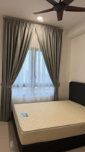 Bedroom features: queen-size bed frame, mattress without bedding, floor-to-ceiling window, sheer curtains, grey blackout curtains, 5-blade ceiling fan, recessed downlights, white painted walls, glossy tile flooring; style: modern; view: city.