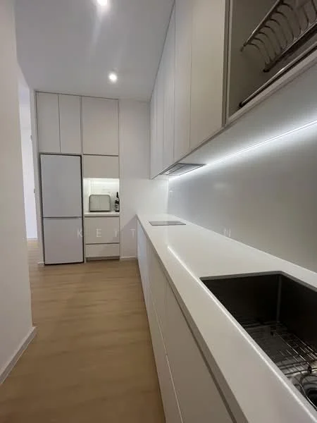 Kitchen features: white cabinetry, white countertop, stainless-steel sink, chrome faucet, built-in refrigerator, built-in oven, integrated dishwasher, LED strip lighting under cabinets, wooden flooring, minimalist design, wall-mounted shelving; style: modern.