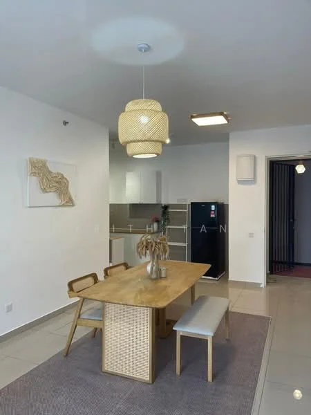 Dining features: wooden dining table, 4 dining chairs, bench seating, pendant light fixture, area rug, white painted walls, tile flooring, refrigerator, open kitchen layout, wall-mounted light, decorative wall art; style: modern. Kitchen features: white cabinetry, stainless-steel refrigerator, countertop, open shelving, kitchen island; style: modern.