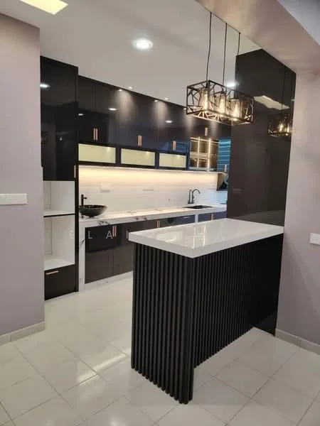 Kitchen features: black cabinetry with gold handles, white quartz countertop, single-bowl stainless-steel sink, chrome pull-down faucet, built-in oven, induction cooktop, black pendant lighting, white tiled backsplash, recessed downlights, open shelving, grey accent wall, white floor tiles, island with vertical slats; style: modern.