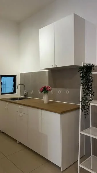Kitchen features: white cabinetry, wood countertop, single-bowl stainless-steel sink, chrome pull-down faucet, grey tile backsplash, ceramic tile flooring, window with black frame, decorative plant on shelf, white wall, open shelving; style: modern.