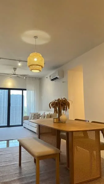Dining features: wooden dining table, upholstered bench seating, pendant light fixture, floor-to-ceiling windows, sheer curtains, ceiling fan, light-colored walls, neutral area rug, decorative plant in vase, sofa in background; style: modern; view: city.