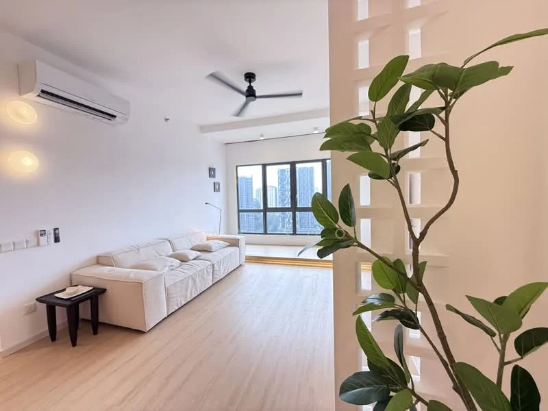 Living features: 3-seater fabric sofa in white, ceiling fan, wall-mounted split AC, floor-to-ceiling windows, wooden flooring, decorative plant, side table, light fixtures on wall; style: modern; view: city.