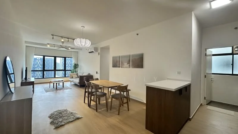 Living features: light wood flooring, white painted walls, ceiling-mounted air conditioning unit, 5-blade ceiling fan with light, large floor-to-ceiling windows, sofa in light color, wooden dining table with four chairs, decorative pendant light, area rug, TV mounted on wall, decorative wall art; style: modern; view: city. Room features: white painted walls, door leading to hallway, window with frosted glass.