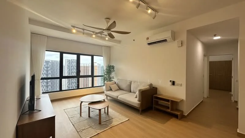 Living features: 3-seater fabric sofa in light grey, wooden coffee table, area rug, floor-to-ceiling windows, city skyline view, wall-mounted TV, 1 wall-mounted split AC, recessed downlights, ceiling fan with light, light wood flooring, neutral painted walls; style: modern; view: city. Room features: doorway leading to hallway, light wood flooring.