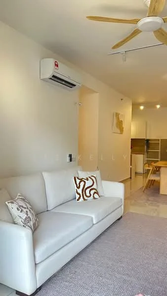 Living features: white fabric sofa, decorative throw pillow with pattern, ceiling fan, wall-mounted split AC unit, light-colored walls, recessed lighting, area rug, dining table in background, open layout; style: modern.