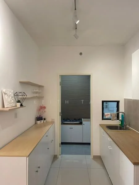 Kitchen features: white cabinetry, wood countertop, stainless-steel sink, chrome pull-down faucet, tile backsplash, white tiled flooring, recessed lighting, open shelving, kitchen appliances visible in the background; style: modern.