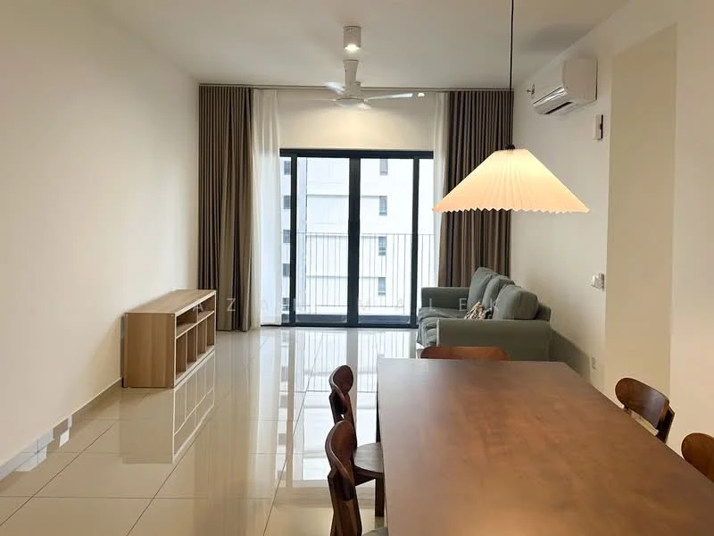 Living features: large floor-to-ceiling windows, sliding glass door, grey fabric sofa, wooden coffee table, wooden TV console, ceiling fan with light, recessed downlights, cream painted walls, glossy tile flooring, curtains, dining table with wooden chairs; style: modern; view: city.