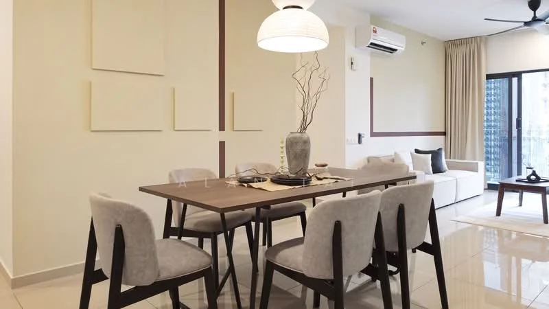 Dining features: rectangular wooden dining table, 6 upholstered dining chairs in grey, pendant lamp with a round shade, decorative vase on the table, neutral painted walls, air conditioning unit on the wall, floor-to-ceiling windows with sheer curtains, light-coloured tiled flooring, decorative wall panels, ceiling fan; style: modern. Living features: light-coloured sofa, decorative throw pillows, coffee table, area rug, wall-mounted decor, curtains, floor-to-ceiling windows; style: modern.
