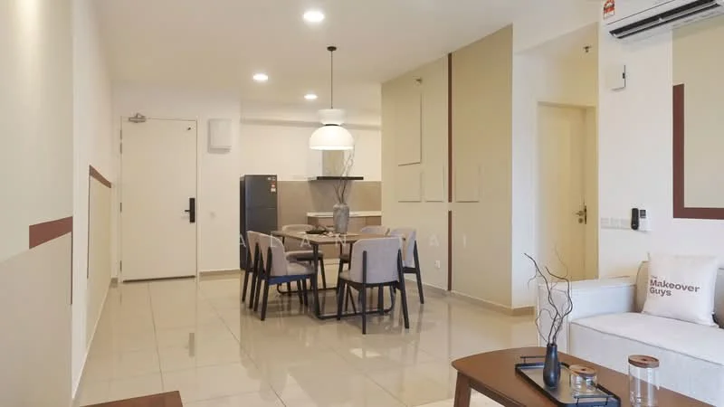 Living features: cream painted walls, white ceiling, recessed downlights, 5-blade ceiling fan with light, large window with sheer curtains, light-colored tiled flooring, sofa with decorative cushions, wooden coffee table, decorative vase on table, area rug, dining table with 4 chairs, pendant light above dining table, kitchen visible in background, refrigerator in kitchen, open-plan layout; style: modern.