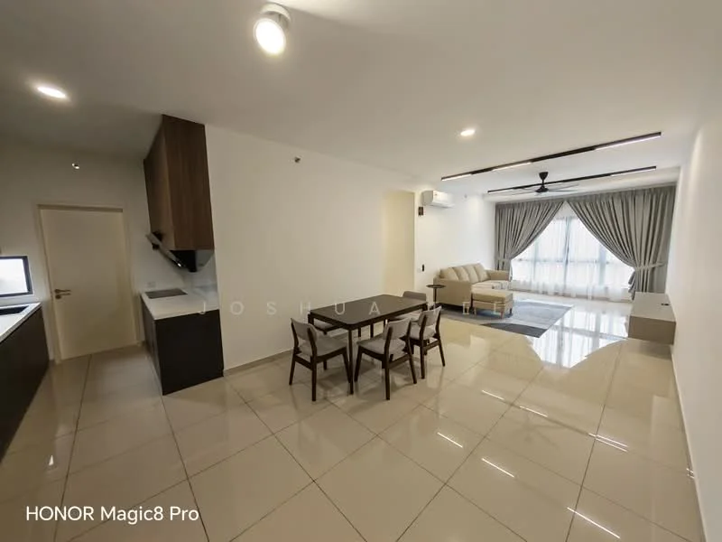 Living features: cream painted walls, glossy tile flooring, 5-blade ceiling fan with light, sofa in beige, coffee table, dining table with 4 chairs, floor-to-ceiling windows with sheer curtains, recessed downlights, air conditioning unit; style: modern. Kitchen features: white cabinetry, black countertop, stainless-steel sink, built-in oven, stove with 4 burners, refrigerator, open shelving; style: modern.