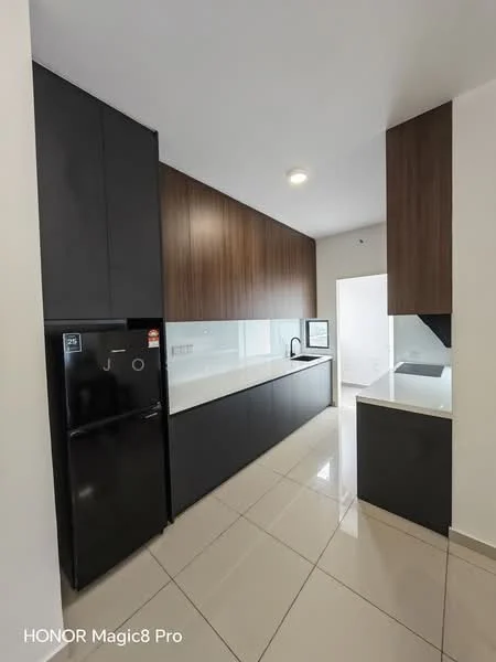 Kitchen features: black cabinetry, wooden upper cabinets, white countertop, single-bowl stainless-steel sink, chrome pull-down faucet, built-in oven, refrigerator, ceramic tile flooring, recessed downlights, window above sink, open layout, minimalist design; style: modern.
